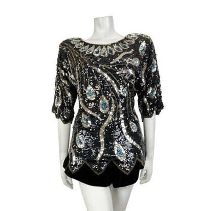 VTG 70s 80s BLACK SILVER BLUE PEACOCK FEATHER SEQUIN DISCO STUDIO 54 TOP 12 14