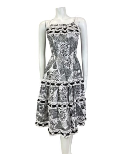 VTG 70s WHITE BLACK FLORAL CROCHETED BOHO FOLK PRAIRIE TIERED SUMMER DRESS 8 10