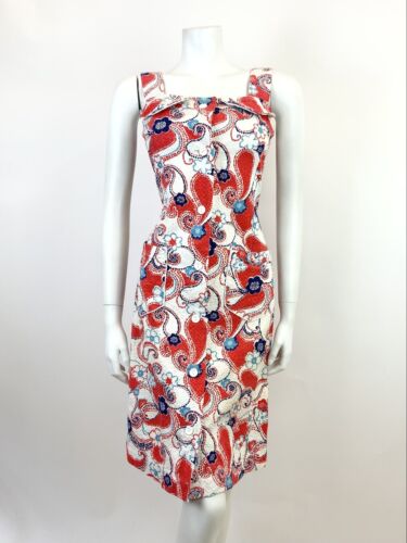 VTG 60s 70s WHITE RED BLUE FLORAL DOTTY PAISLEY PSYCHEDELIC MOD SUNDRESS 8 10