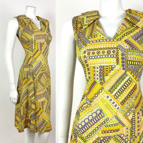 VTG 60s 70s YELLOW GREEN PURPLE PSYCHEDELIC GEOMETRIC SHIRT COLLAR DRESS 10