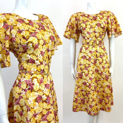 VTG 60s 70s YELLOW RED BROWN FLORAL PSYCHEDELIC BELL SLEEVE SWING DRESS 10 12