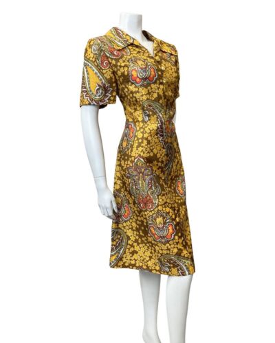 VINTAGE 60s 70s BROWN YELLOW ORANGE FLORAL PAISLEY DAGGER SHIRT DRESS 12 14