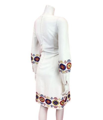 VINTAGE 60s 70s WHITE RED BLUE YELLOW EMBROIDERED MOD BISHOP SLEEVE DRESS 12 14