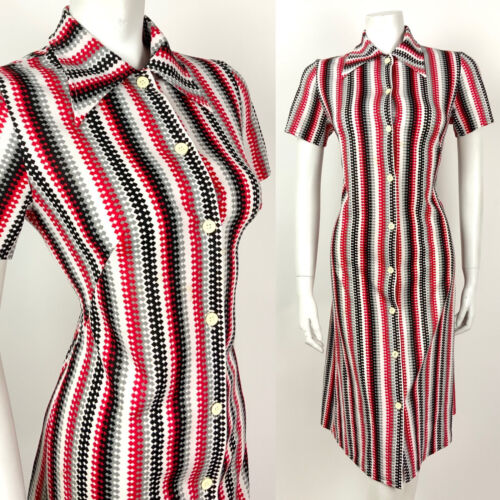 VTG 60s 70s WHITE SILVER BLACK RED STRIPED MOD DAGGER COLLAR SHIRT DRESS 12 14