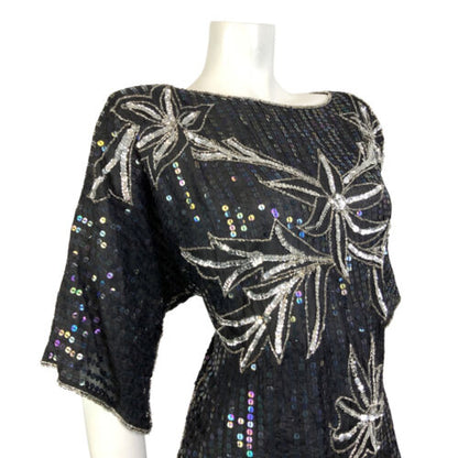 VTG 70s 80s BLACK SILVER FLORAL SEQUIN BEADED DISCO PARTY STUDIO 54 TOP 20 22