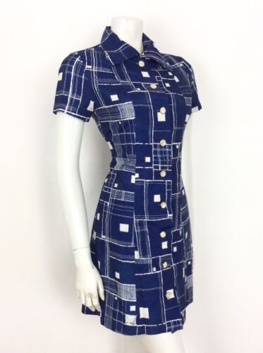 VINTAGE 60s 70s NAVY BLUE SHIRT DRESS GEOMETRIC WHITE SQUARES 8 10