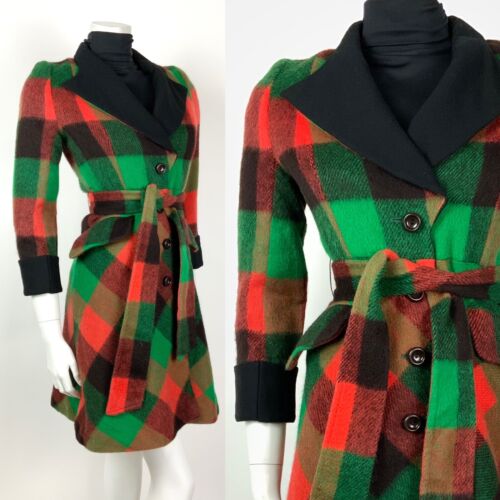 VTG 90s DOES 70S GREEN ORANGE BLACK CHECK BELTED PRINCESS SHORT WOOL COAT 8