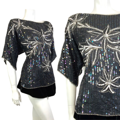 VTG 70s 80s BLACK SILVER FLORAL SEQUIN BEADED DISCO PARTY STUDIO 54 TOP 20 22