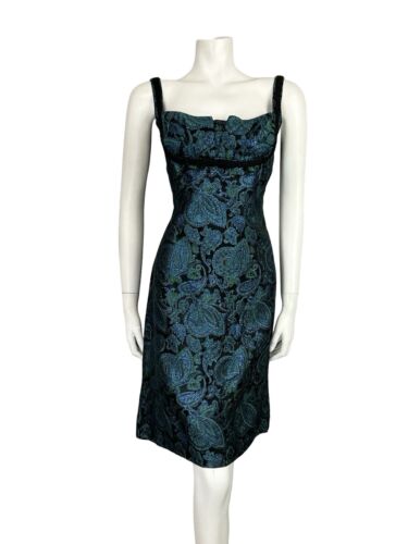 VTG 60S BLACK BLUE GREEN METALLIC PAISLEY FLORAL EMPIRE STRAPPY PARTY DRESS 8 10