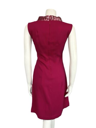 VTG 60S MOD RASPBERRY PINK SEQUIN COLAR SLEEVELESS SHIFT MINI PARTY DRESS S 8 10