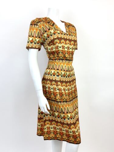 VTG 60s 70s YELLOW ORANGE GREEN BLACK GEOMETRIC AZTEC PSYCHEDELIC DRESS 12 14