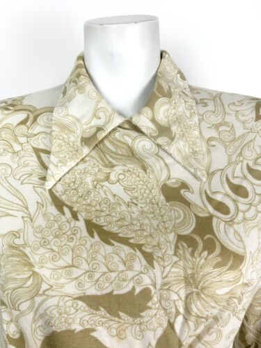 VINTAGE 60s 70s WHITE GOLD OLIVE FLORAL SWIRL DAGGER COLLAR BLOUSON DRESS 10 12