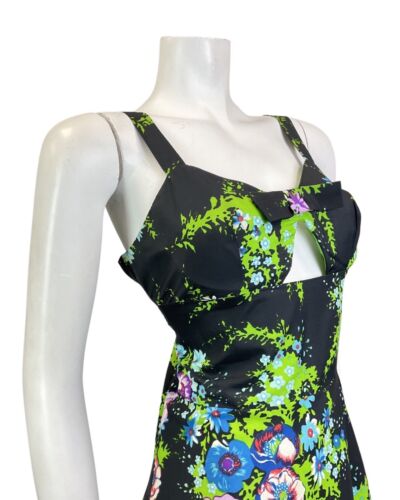 VINTAGE 60s 70s BLACK GREEN BLUE FLORAL BOUQUET CUT-OUT SUMMER SUN-DRESS 12