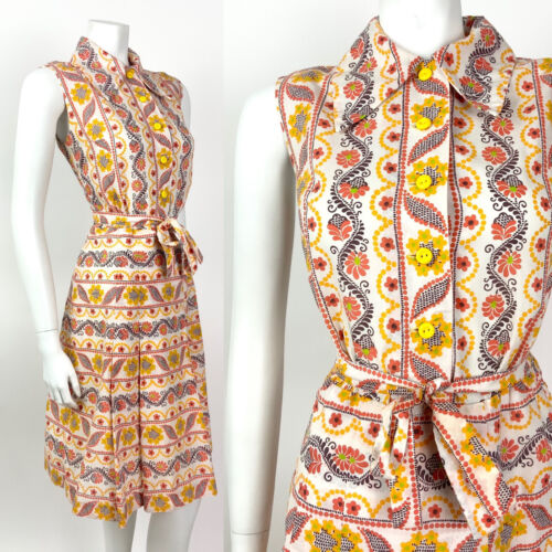 VTG 60s 70s WHITE ORANGE BROWN YELLOW STRIPED FLORAL DAGGER SHIRT DRESS 10 12