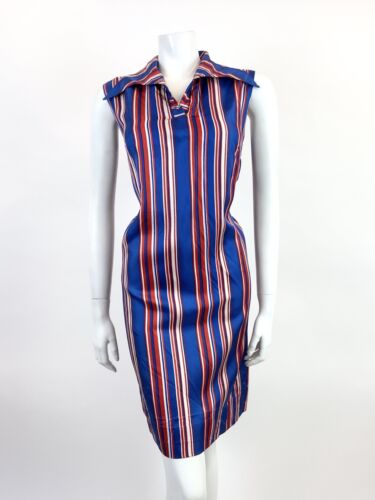 VTG 60s 70s ROYAL BLUE RED WHITE STRIPED WING COLLAR MOD SHIRT SHIFT DRESS 12 14