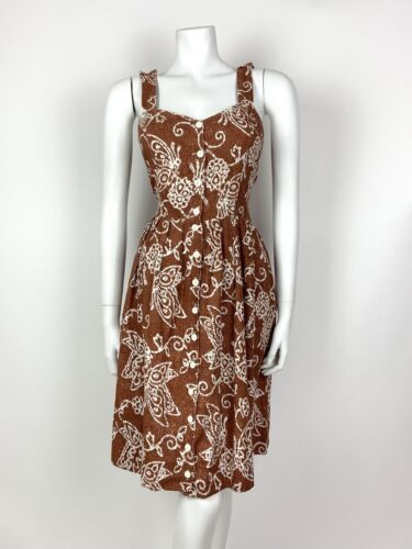 VTG 70s 80s BROWN WHITE FLORAL BATIK STRAPPY CROSS BACK SUMMER SUNDRESS 10