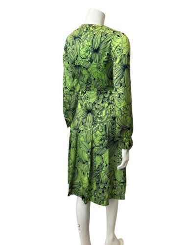 VINTAGE 60s 90s LIME GREEN BLUE PSYCHEDELIC LEAFY FLORAL LONG SLEEVE DRESS 8 10