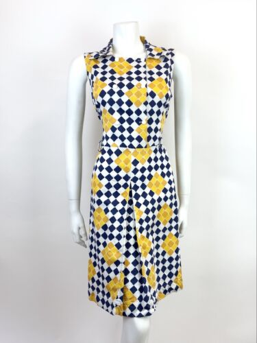 VTG 60s 70s WHITE BLUE YELLOW CHECKERBOARD GEOMETRIC DAGGER SHIRT DRESS 12 14