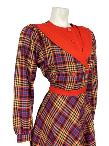 VTG 60S 70S RED BLUE YELLOW TARTAN GRIDDED TAILORED SHIRT DRESS WITH BELT 10 12