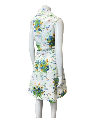 VINTAGE 60s 70s WHITE GREEN BLUE FLORAL BOUQUET SLEEVELESS SWING DRESS 16 18