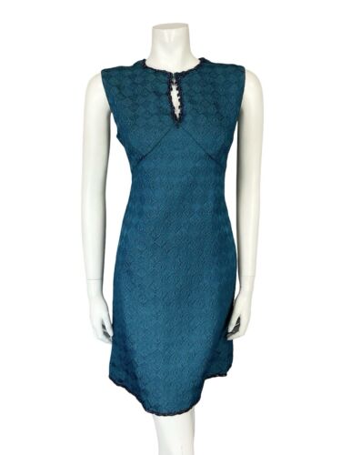 VTG 60S CHECKERBOARD EMBOSSED NAVY BEADED KEYHOLE SLEEVELESS MINI PARTY DRESS 10