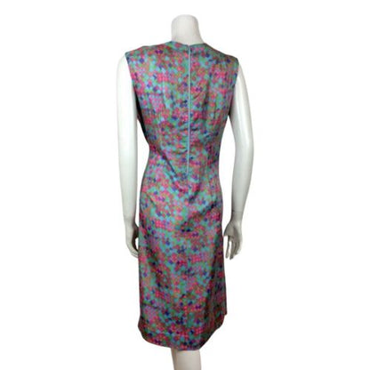 AMAZING 60S VINTAGE PSYCHEDELIC SQUARE PINK BLUE GREEN PURPLE MIDI DRESS 12 14