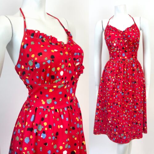 VTG 70s RED BLACK GREEN BLUE SPECKLED DOTTY HALTER SUMMER SUN DRESS 12 14