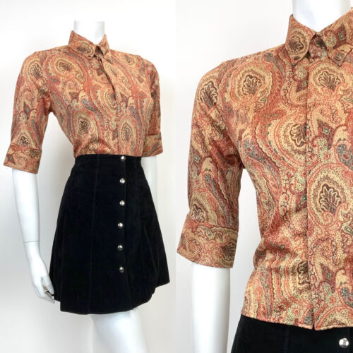 VTG 60s 70s STYLE RED GOLD GREEN PSYCHEDELIC FLORAL PAISELY DAGGER SHIRT 10 12