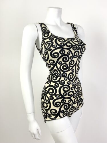 VTG 60s CREAM BLACK SWIRLING SCROLL MOD SWIM BODY BATHING SUIT 12 14