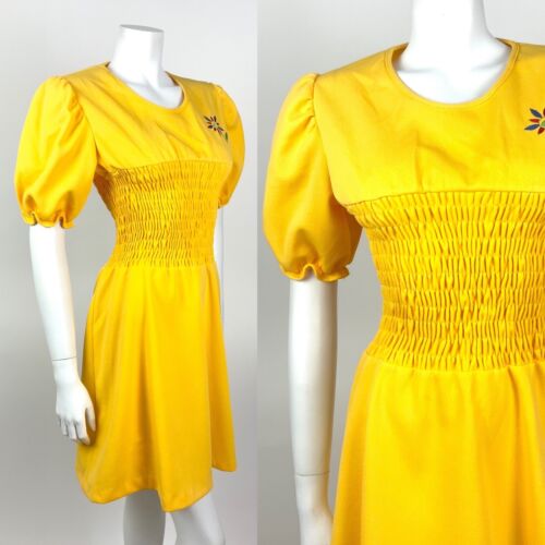 VTG 60s 70s SUMMER YELLOW EMBROIDERED FLOWER SHIRRED PUFF SLEEVE MOD DRESS 8 10