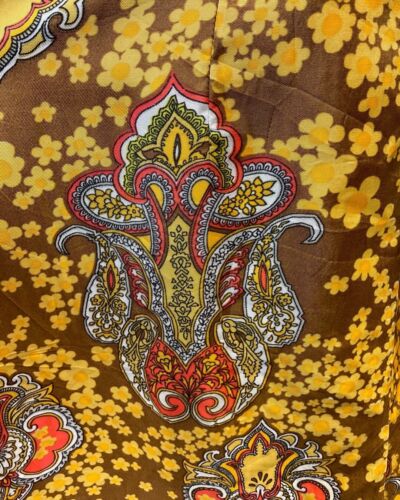 VINTAGE 60s 70s BROWN YELLOW ORANGE FLORAL PAISLEY DAGGER SHIRT DRESS 12 14