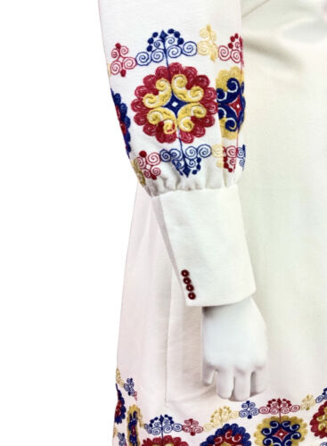 VINTAGE 60s 70s WHITE RED BLUE YELLOW EMBROIDERED MOD BISHOP SLEEVE DRESS 12 14