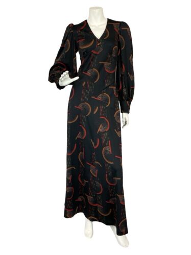 VTG 70S BLACK RED BROWN GEOMTRIC ROMNTIC BISHOP SLEEVE BASQUE WAIST MAXI DRESS 8