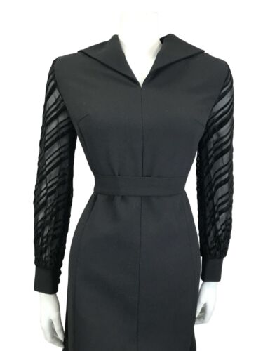VTG 60S BLACK STRIPED BURNOUT VELVET SAILORS COLLAR BELTED LBD PARTY DRESS 14