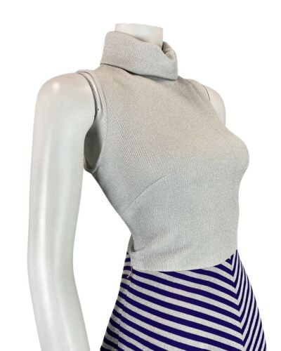 VTG 60s 70s SILVER PURPLE STRIPED LUREX TURTLENECK FIT & FLARE MOD DRESS 8 10