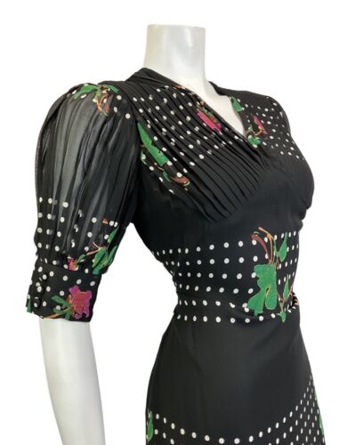 VINTAGE 60s 70s BLACK WHITE PINK FLORAL POLKA-DOT SHEER SUMMER DRESS 12