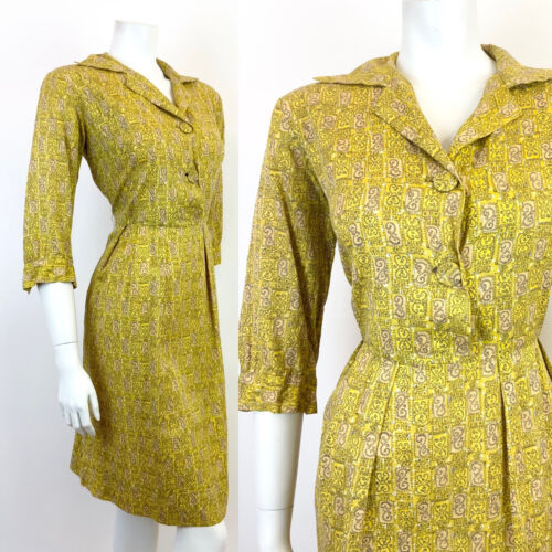 VTG 60s 70s YELLOW BEIGE BLACK SWIRLING GEOMETRIC PSYCHEDELIC SHIRT DRESS 12 14