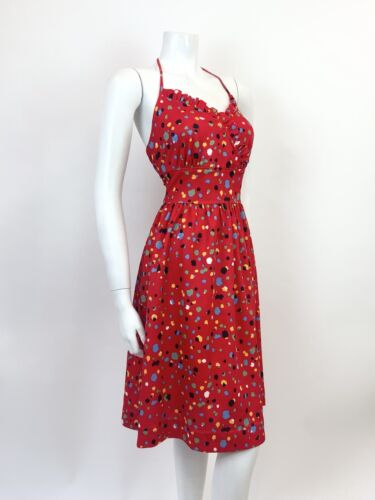 VTG 70s RED BLACK GREEN BLUE SPECKLED DOTTY HALTER SUMMER SUN DRESS 12 14