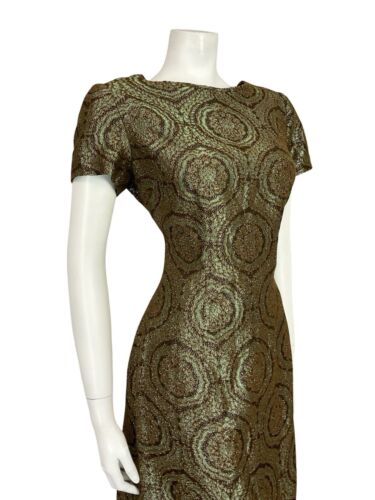 VTG 60S GREEN COPPER BROWN IRIDESCENT BROCADE PLUNGING BACK PARTY MINI DRESS 10