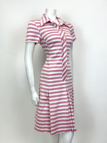 VINTAGE 60s 70s PINK WHITE STRIPED MOD DAGGER COLLAR SWING SHIRT DRESS 10