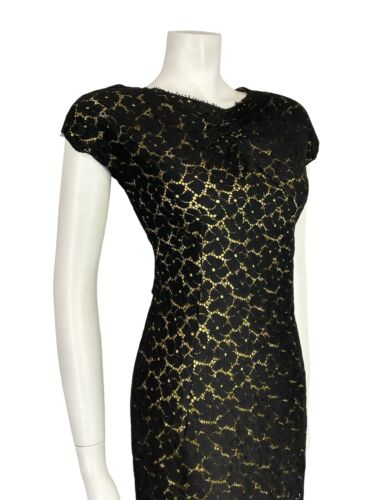 VTG 60S BLACK LACE GOLD V BOAT NECK SHORT SLEEVE PARTY SHIFT LBD  MINI DRESS 8