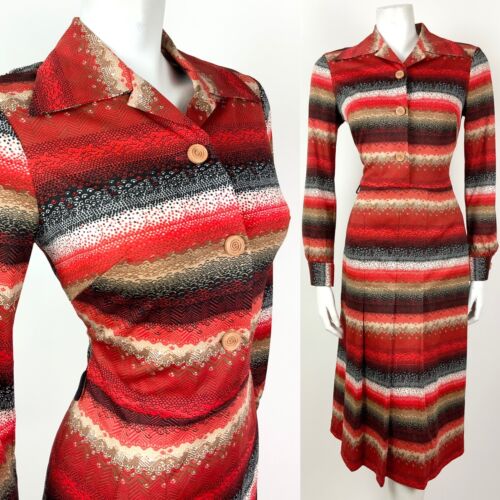 VTG 60s 70s RED BROWN WHITE BLACK STRIPED CHEVRON DOTTY DAGGER SHIRT DRESS 12 14