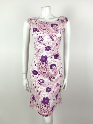 VTG 60s 70s WHITE PINK PURPLE FLORAL PAISLEY PSYCHEDELIC MOD SHIFT DRESS 14 16