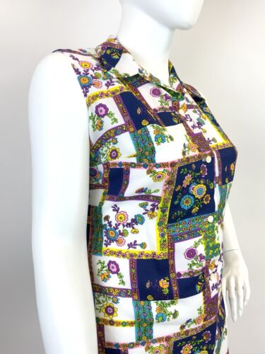 VTG 60s 70s WHITE BLUE PURPLE PATCHWORK FLORAL FOLK MOD DAGGER SHIRT DRESS 18 20