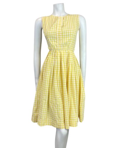 VINTAGE 50s 60s LEMON YELLOW WHITE GINGHAM CHECKED PLEATED SWING SUMMER DRESS 6