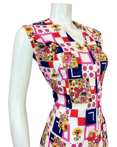 VINTAGE 60s 70s WHITE RED BLUE FLORAL GEOMETRIC PATCHWORK SLEEVELESS DRESS 12 14