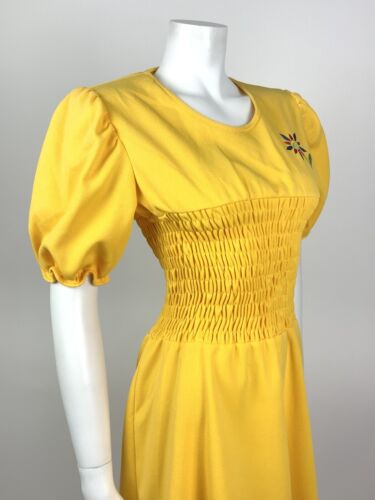 VTG 60s 70s SUMMER YELLOW EMBROIDERED FLOWER SHIRRED PUFF SLEEVE MOD DRESS 8 10