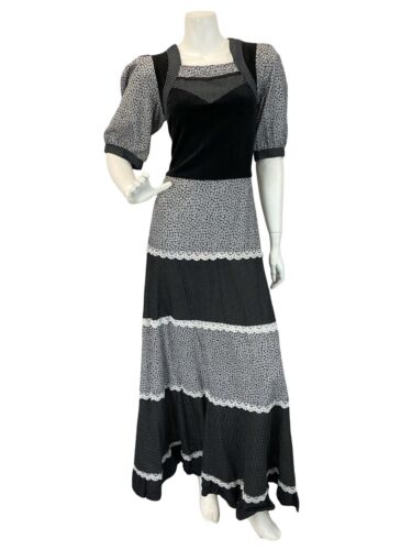 VTG 70S COTTON COTTAGECORE PRAIRIE POLKA DOT  MAXI DRESS VELVET BLACK WHITE 8 10