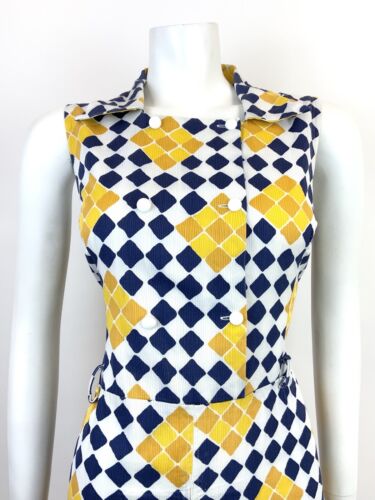 VTG 60s 70s WHITE BLUE YELLOW CHECKERBOARD GEOMETRIC DAGGER SHIRT DRESS 12 14