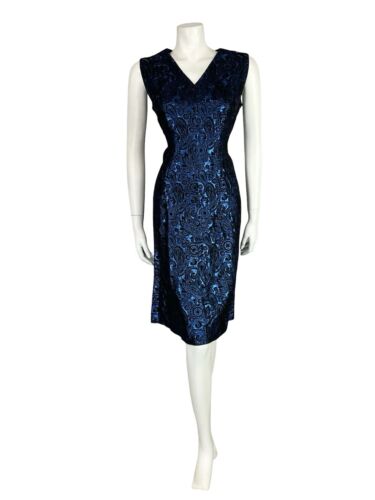 VTG 60S NAVY BLUE BLACK PAISLEY BROCADE N NECK SLEEVELESS PARTY MIDI DRESS 12